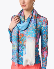 Look image thumbnail - Pashma - Blue Multi Print Cashmere Silk Scarf
