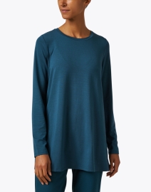 Front image thumbnail - Eileen Fisher - Teal Jersey Knit Tunic Top