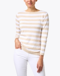 Front image thumbnail - Blue - White and Beige Striped Pima Cotton Boatneck Sweater