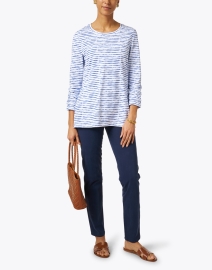 Look image thumbnail - E.L.I. - Blue and White Print Ruched Sleeve Tee