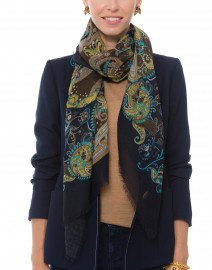 Brienne Black and Turquoise Paisley Print Wool Silk Scarf