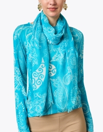 Look image thumbnail - Pashma - Turquoise Paisley Print Cashmere Silk Scarf