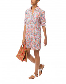 Tishka Coral and Teal Floral Printed Linen Shirt Dress