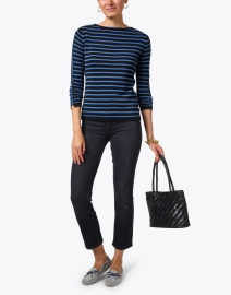 Look image thumbnail - Blue - Black and Blue Striped Pima Cotton Boatneck Sweater