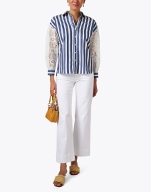 Look image thumbnail - Vilagallo - Vernen Blue and White Stripe Lace Sleeve Blouse