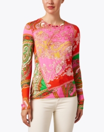 Front image thumbnail - Pashma - Red Pink and Green Paisley Print Cashmere Silk Sweater