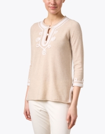 Front image thumbnail - Cortland Park - Calipso Beige Embroidered Cashmere Top
