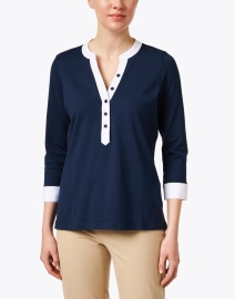 Front image thumbnail - E.L.I. - Navy and White Cotton Poplin Henley Top