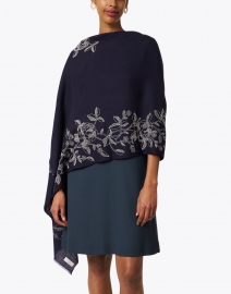 Look image thumbnail - Janavi - Navy and Silver Floral Embroidered Wool Scarf