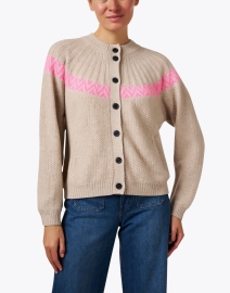 Front image thumbnail - Jumper 1234 - Nordic Tan and Pink Stitch Cashmere Wool Cardigan