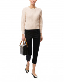 Beige Cable Knit Cotton Sweater with Pearls