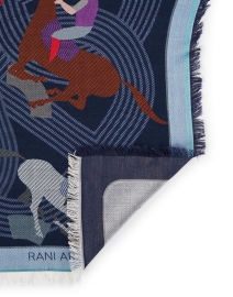 Back image thumbnail - Rani Arabella - Blue Racing Print Wool Cashmere Silk Scarf