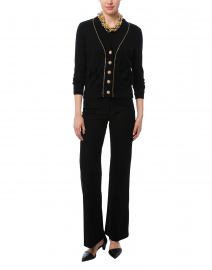 Black Cotton Wool Cardigan with Gold Chain Trim