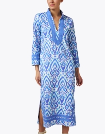 Front image thumbnail - Sail to Sable - Blue Ikat Print Cotton Tunic Dress