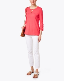 Look image thumbnail - E.L.I. - Coral Pink Pima Cotton Ruched Sleeve Tee