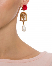 Red Rose and Gold Birdcage Drop Clip Earring