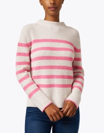 Front image thumbnail - Kinross - Ivory and Pink Stripe Garter Stitch Cotton Sweater