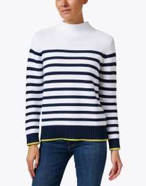 Front image thumbnail - Kinross - White and Navy Stripe Garter Stitch Cotton Sweater