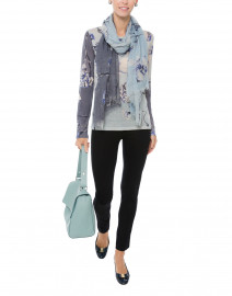 Grey, Blue and White Floral Cashmere Silk Sweater