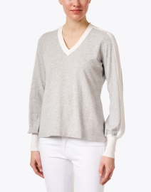 Front image thumbnail - J'Envie - Grey and White V-Neck Sweater