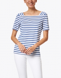Front image thumbnail - Saint James - Pleneuf White and Gitane Blue Striped Cotton Top