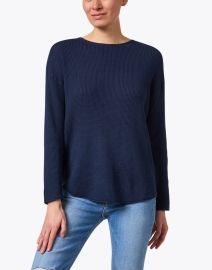 Front image thumbnail - Margaret O'Leary - Navy Waffle Cotton Top