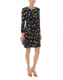 Navy and Yellow Floral Print Silk Dress