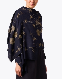 Look image thumbnail - Janavi - Navy and Gold Embroidered Dragonfly Wool Scarf