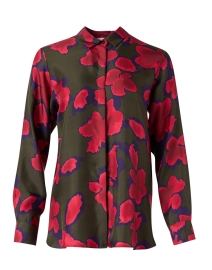 Green and Red Floral Print Silk Blouse