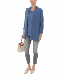 Cadet Blue Ruched Sleeve Cotton Cardigan