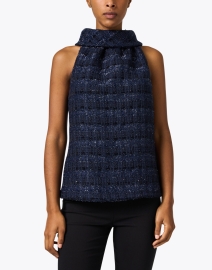 Front image thumbnail - Sail to Sable - Navy Sparkle Tweed Cowl Neck Top