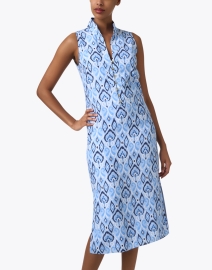 Front image thumbnail - Sail to Sable - Blue Ikat Print Silk Cotton Tunic Dress