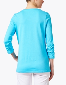 Back image thumbnail - E.L.I. - Aqua Blue Pima Cotton Ruched Sleeve Tee