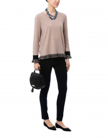 Brown Cashmere Sweater with Black Fringe Trim
