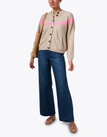 Look image thumbnail - Jumper 1234 - Nordic Tan and Pink Stitch Cashmere Wool Cardigan