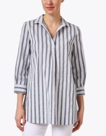 Front image thumbnail - Piazza Sempione - Blue and White Striped Cotton Linen Shirt