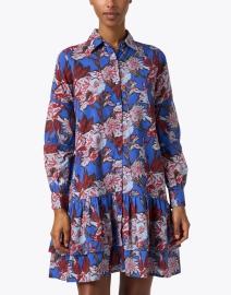 Front image thumbnail - Ro's Garden - Blue and Red Floral Print Shirt Dress