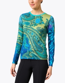 Front image thumbnail - Pashma - Blue and Green Paisley Print Cashmere Silk Sweater