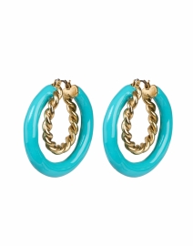 Product image thumbnail - Oscar de la Renta - Gold and Teal Hoop Earrings