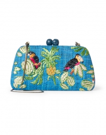 Front image thumbnail - SERPUI - Tina Tropical Embroidered Blue Raffia Straw Clutch