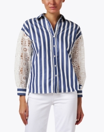 Front image thumbnail - Vilagallo - Vernen Blue and White Stripe Lace Sleeve Blouse