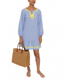 Blue and White Stripe Yellow Embroidered Dress