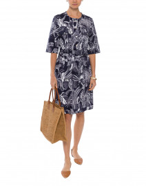 Sabine Navy and White Leaf Printed Linen Dress