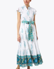 Front image thumbnail - Oliphant - White and Turquoise Print Cotton Shirt Dress
