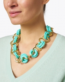 Kenneth Jay Lane - Turquoise and Gold Resin Rings Link Necklace