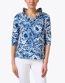 Front image thumbnail - Gretchen Scott - Navy and White Print Ruffle Neck Top