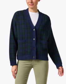 Front image thumbnail - Jumper 1234 - Navy and Green Tartan Wool Cashmere Cardigan