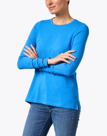 Front image thumbnail - E.L.I. - Blue Pima Cotton Ruched Sleeve Top