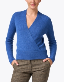 Front image thumbnail - Kinross - Blue Cashmere Faux Wrap Sweater