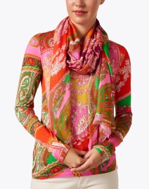 Look image thumbnail - Pashma - Red Pink and Green Paisley Print Cashmere Silk Scarf